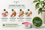 Anwendung des Melunia Miracle Balm in vier Schritten: entnehmen, auftragen, einmassieren, einwirken lassen
