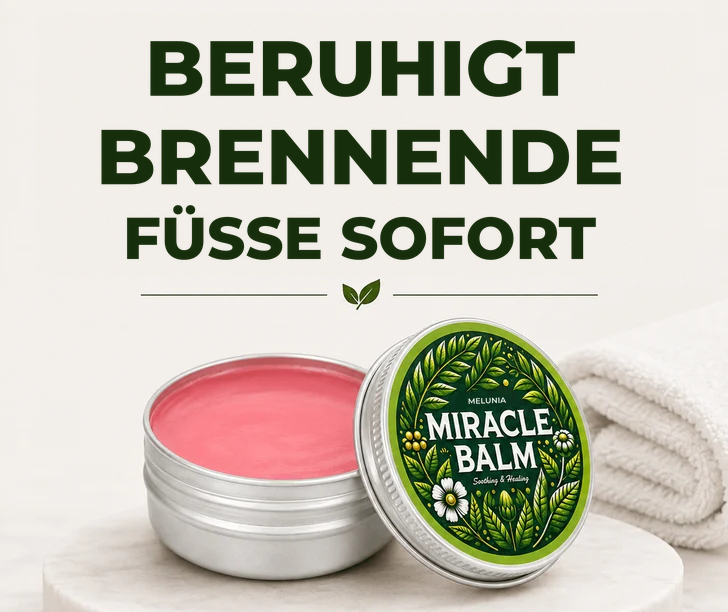 Melunia Miracle Balm – offene und geschlossene Dose, beruhigt brennende Füße