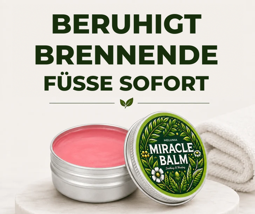 Melunia Miracle Balm – offene und geschlossene Dose, beruhigt brennende Füße